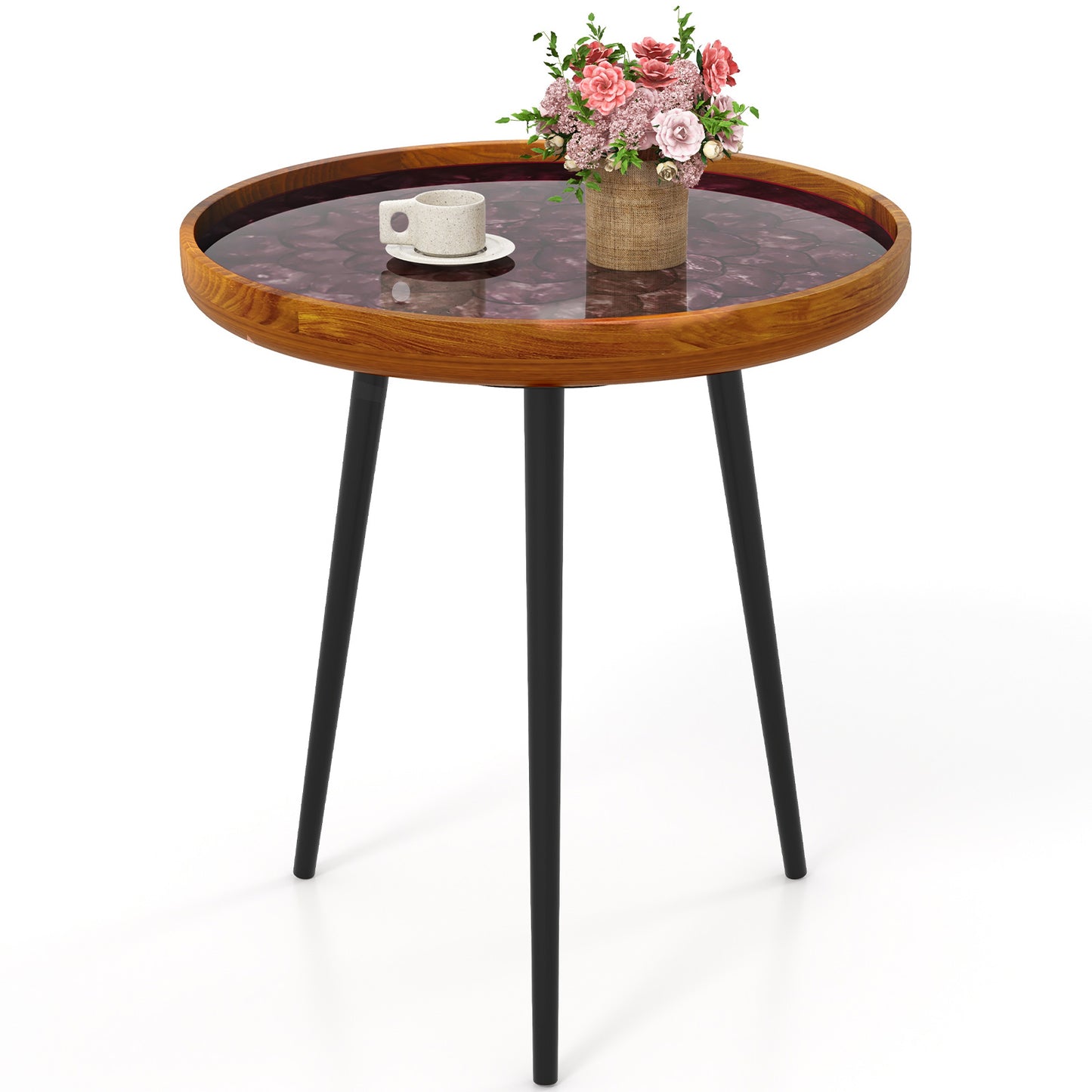 20 Inch Round End Table with Sea Shell Decoration and Epoxy Resin Finish, Brown End & Side Tables at Gallery Canada