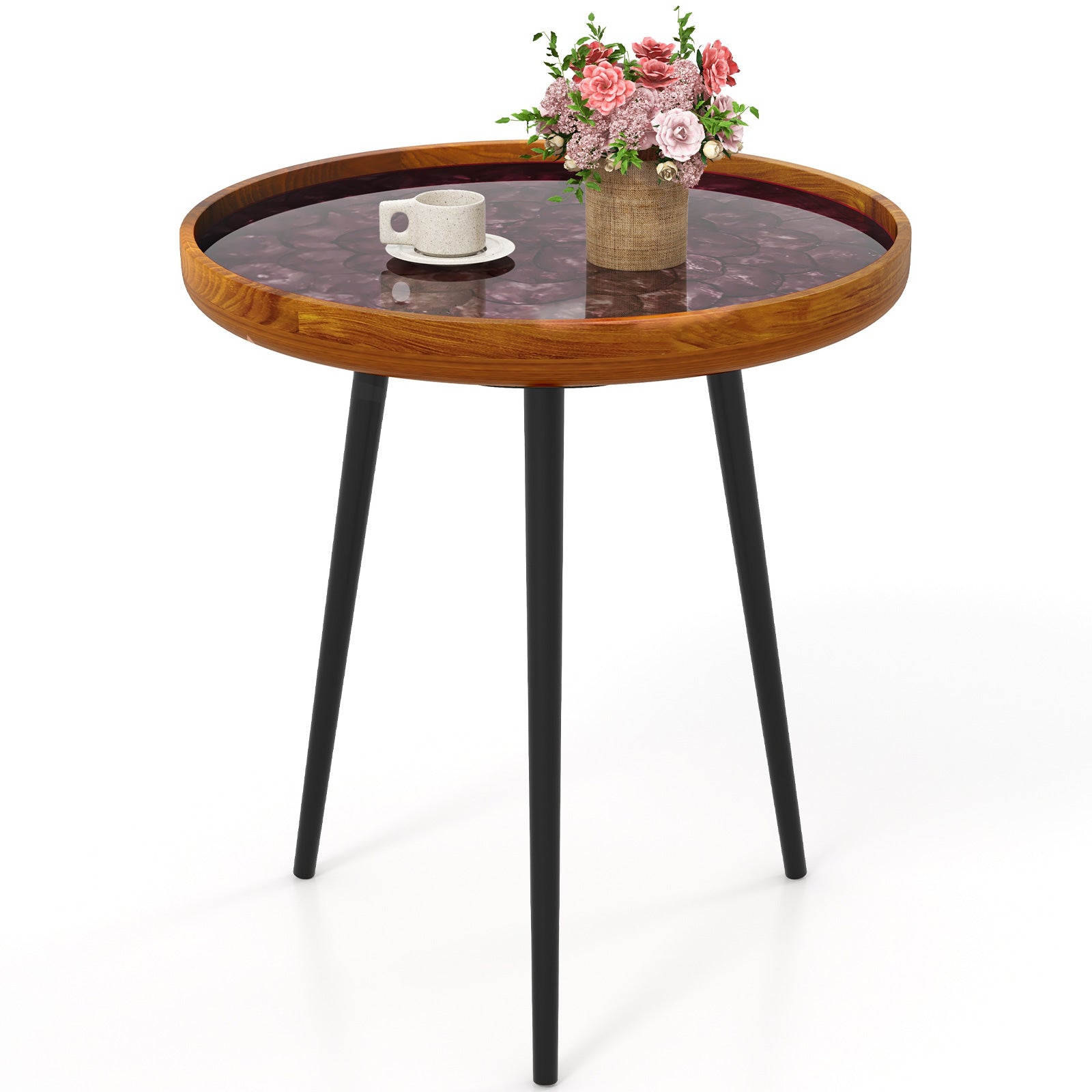20 Inch Round End Table with Sea Shell Decoration and Epoxy Resin Finish, Brown End & Side Tables at Gallery Canada