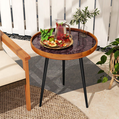 20 Inch Round End Table with Sea Shell Decoration and Epoxy Resin Finish, Brown End & Side Tables at Gallery Canada