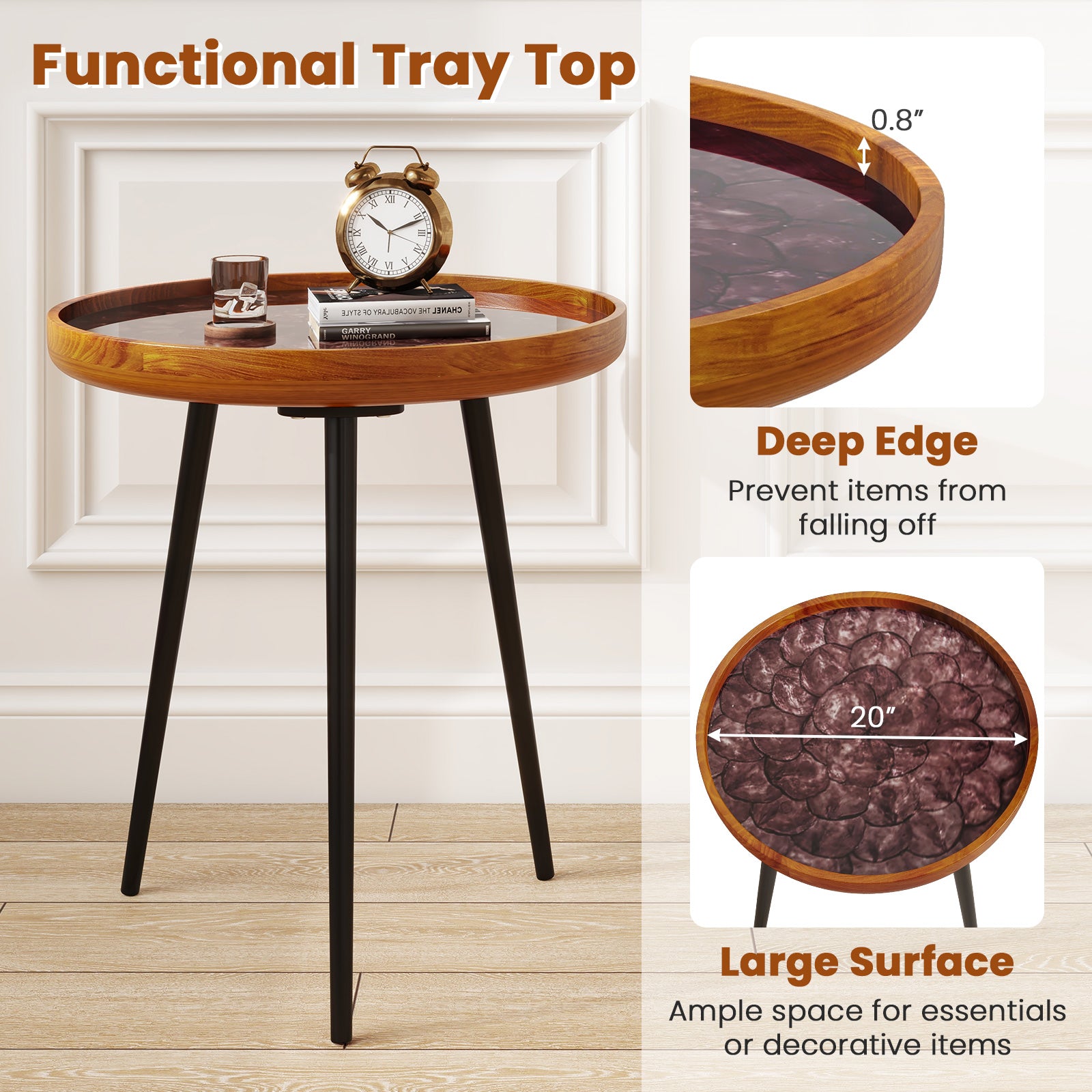 20 Inch Round End Table with Sea Shell Decoration and Epoxy Resin Finish, Brown End & Side Tables at Gallery Canada