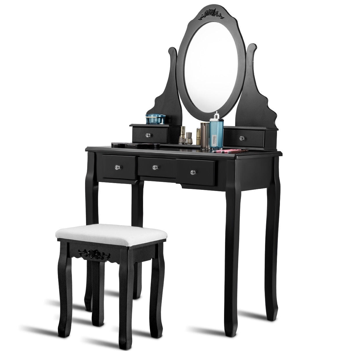 Wooden Vanity Set with 360° Rotating Oval Mirror and Cushioned Stool, Black Bathroom Vanities at Gallery Canada
