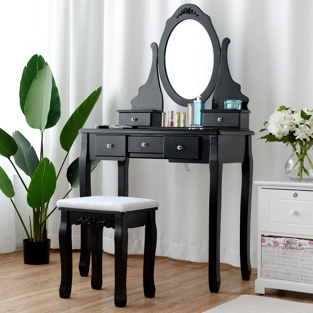 Wooden Vanity Set with 360° Rotating Oval Mirror and Cushioned Stool, Black Bathroom Vanities at Gallery Canada