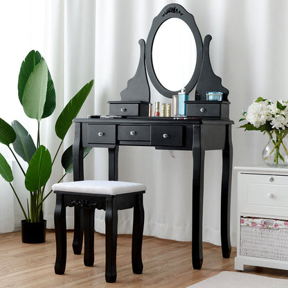 Wooden Vanity Set with 360° Rotating Oval Mirror and Cushioned Stool, Black Bathroom Vanities at Gallery Canada