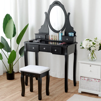Wooden Vanity Set with 360° Rotating Oval Mirror and Cushioned Stool, Black Bathroom Vanities at Gallery Canada