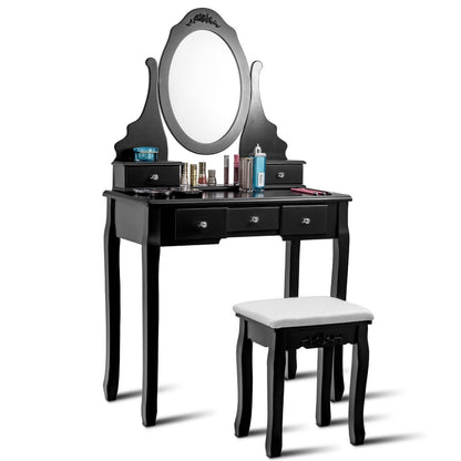 Wooden Vanity Set with 360° Rotating Oval Mirror and Cushioned Stool, Black Bathroom Vanities at Gallery Canada