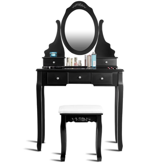 Wooden Vanity Set with 360° Rotating Oval Mirror and Cushioned Stool, Black Bathroom Vanities Black at Gallery Canada