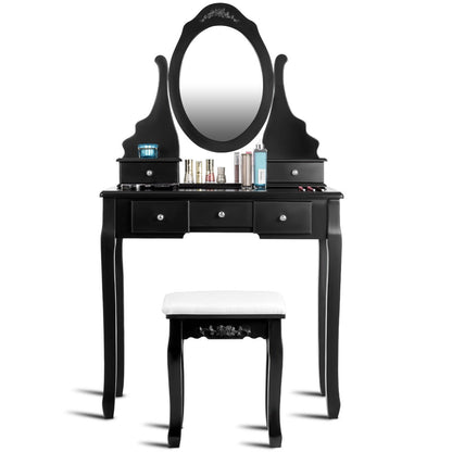 Wooden Vanity Set With 360° Rotating Oval Mirror, Black