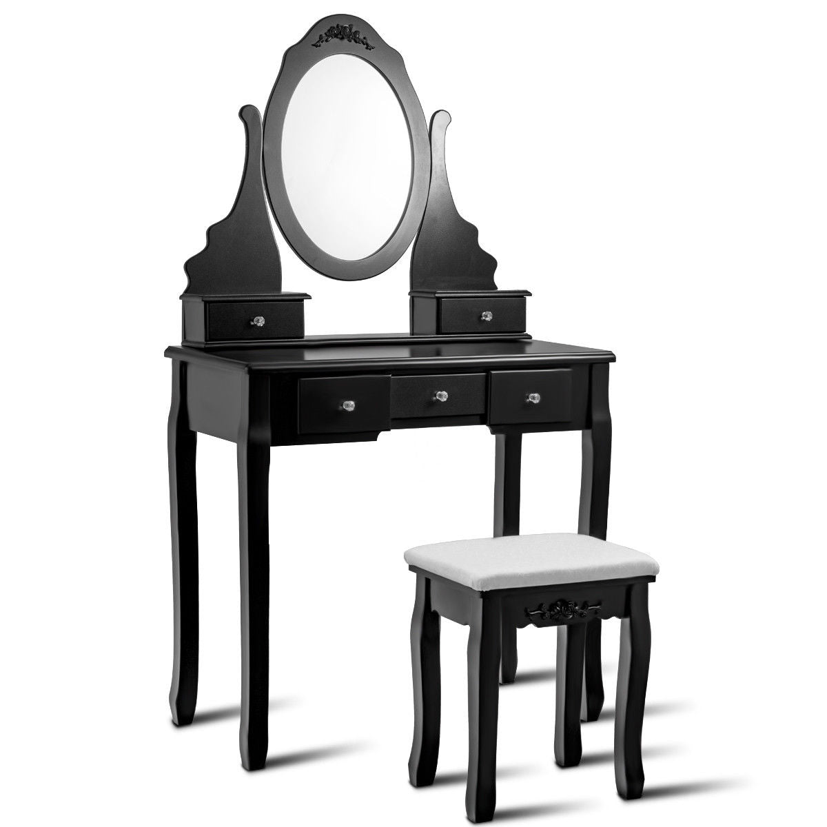 Wooden Vanity Set with 360° Rotating Oval Mirror and Cushioned Stool, Black Bathroom Vanities at Gallery Canada