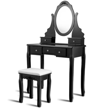 Wooden Vanity Set with 360° Rotating Oval Mirror and Cushioned Stool, Black Bathroom Vanities at Gallery Canada
