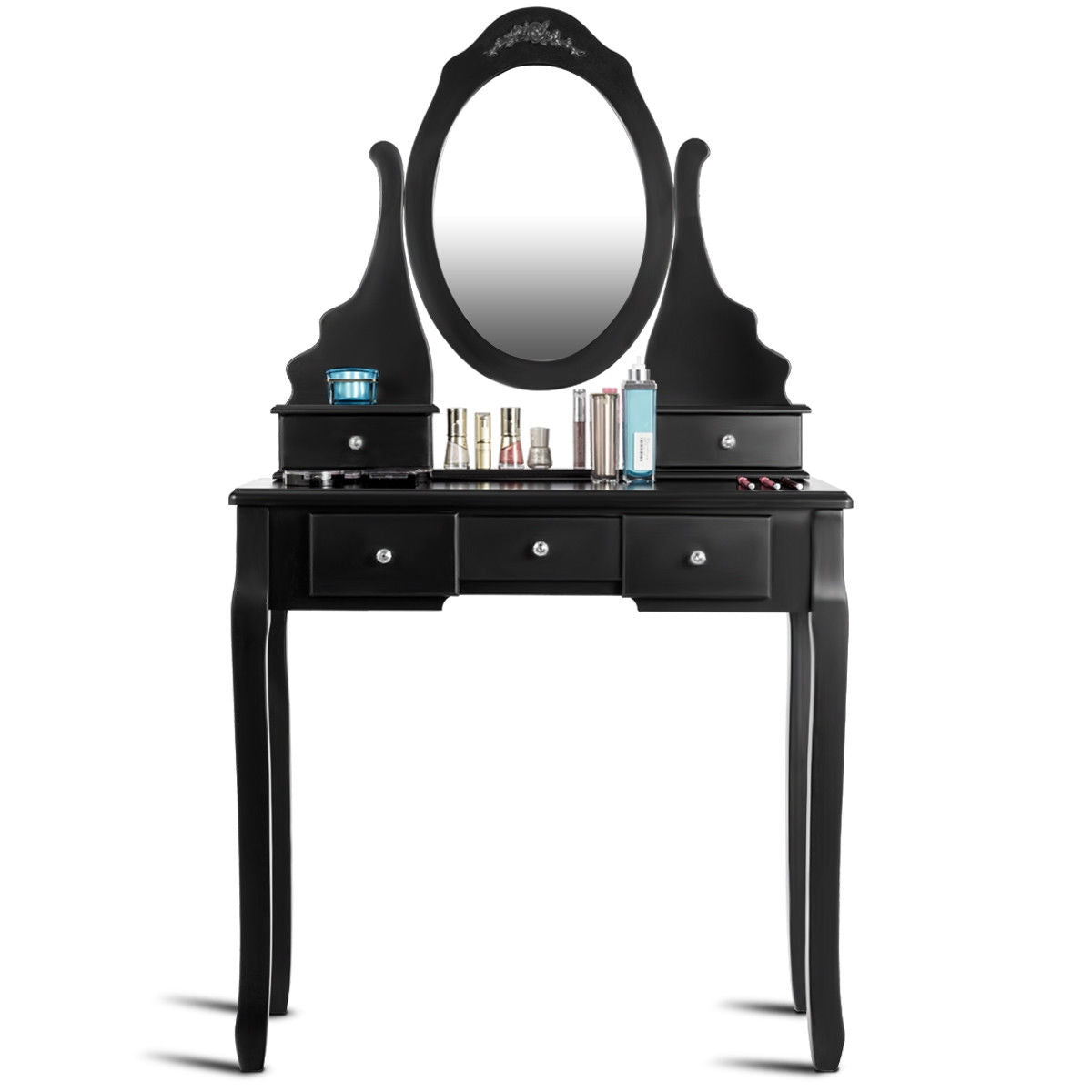 Wooden Vanity Set with 360° Rotating Oval Mirror and Cushioned Stool, Black Bathroom Vanities at Gallery Canada