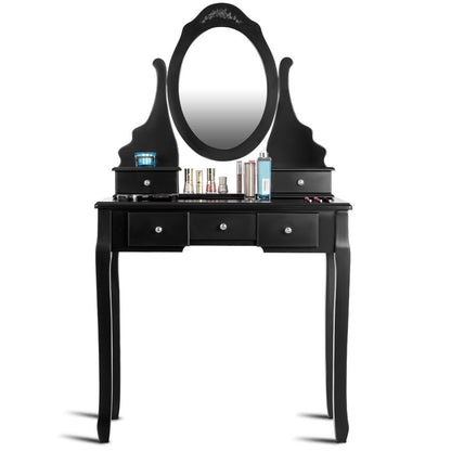Wooden Vanity Set with 360° Rotating Oval Mirror and Cushioned Stool, Black Bathroom Vanities at Gallery Canada