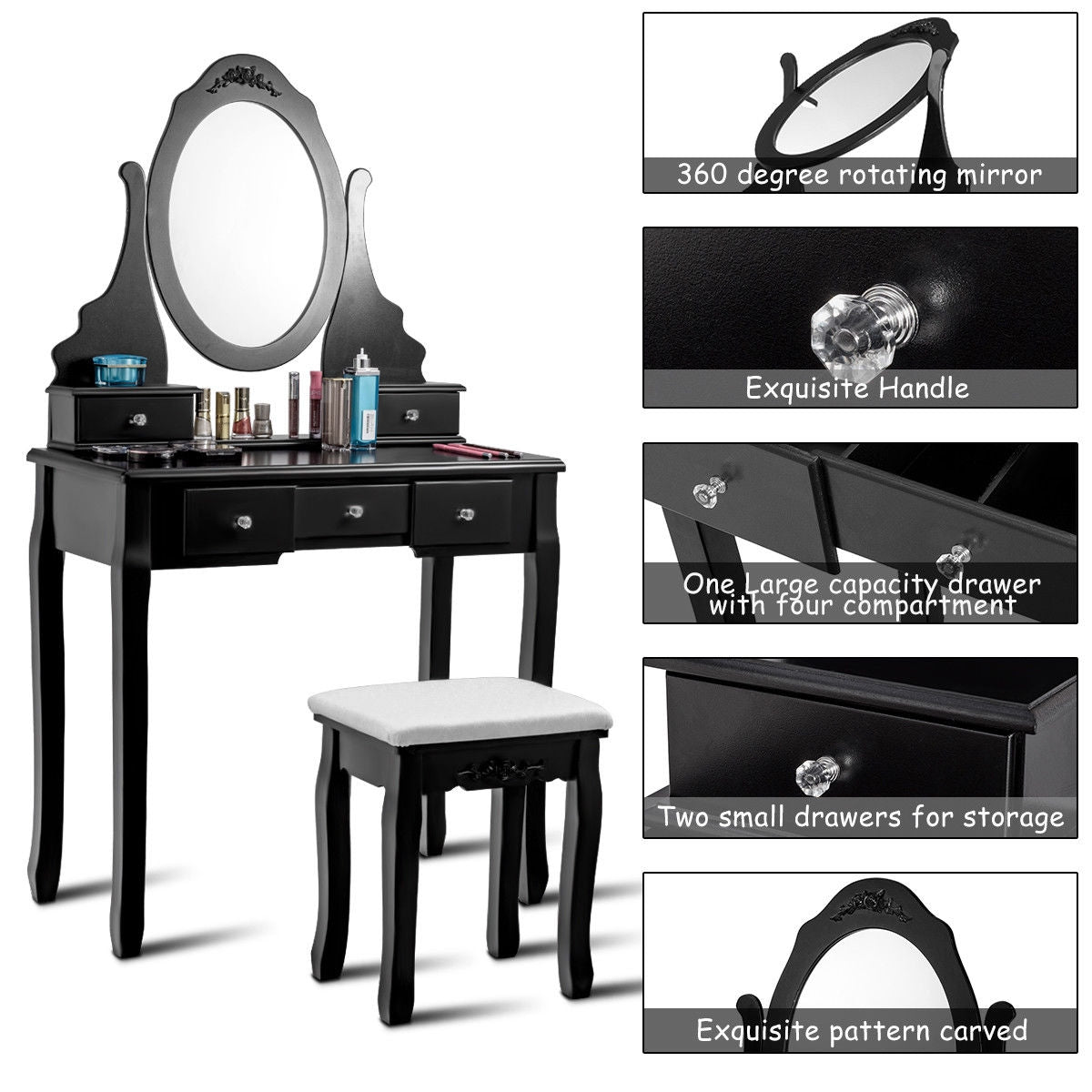 Wooden Vanity Set with 360° Rotating Oval Mirror and Cushioned Stool, Black Bathroom Vanities at Gallery Canada