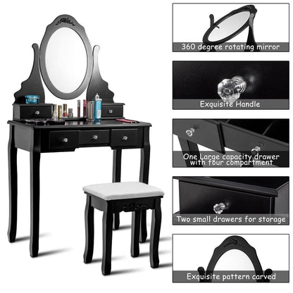 Wooden Vanity Set with 360° Rotating Oval Mirror and Cushioned Stool, Black Bathroom Vanities at Gallery Canada