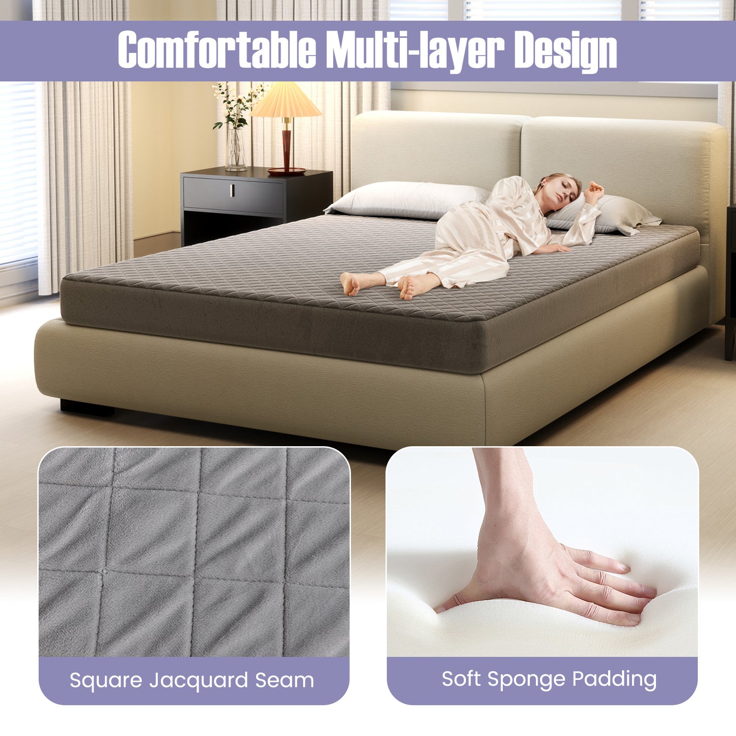 Surmatelas en velours taille queen, gris