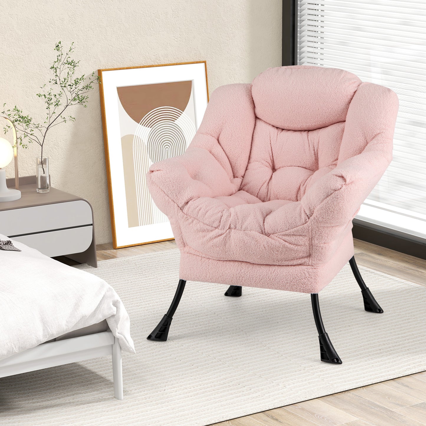 Fauteuil d'appoint rembourré Sherpa, Coussin de tête confortable, Rose