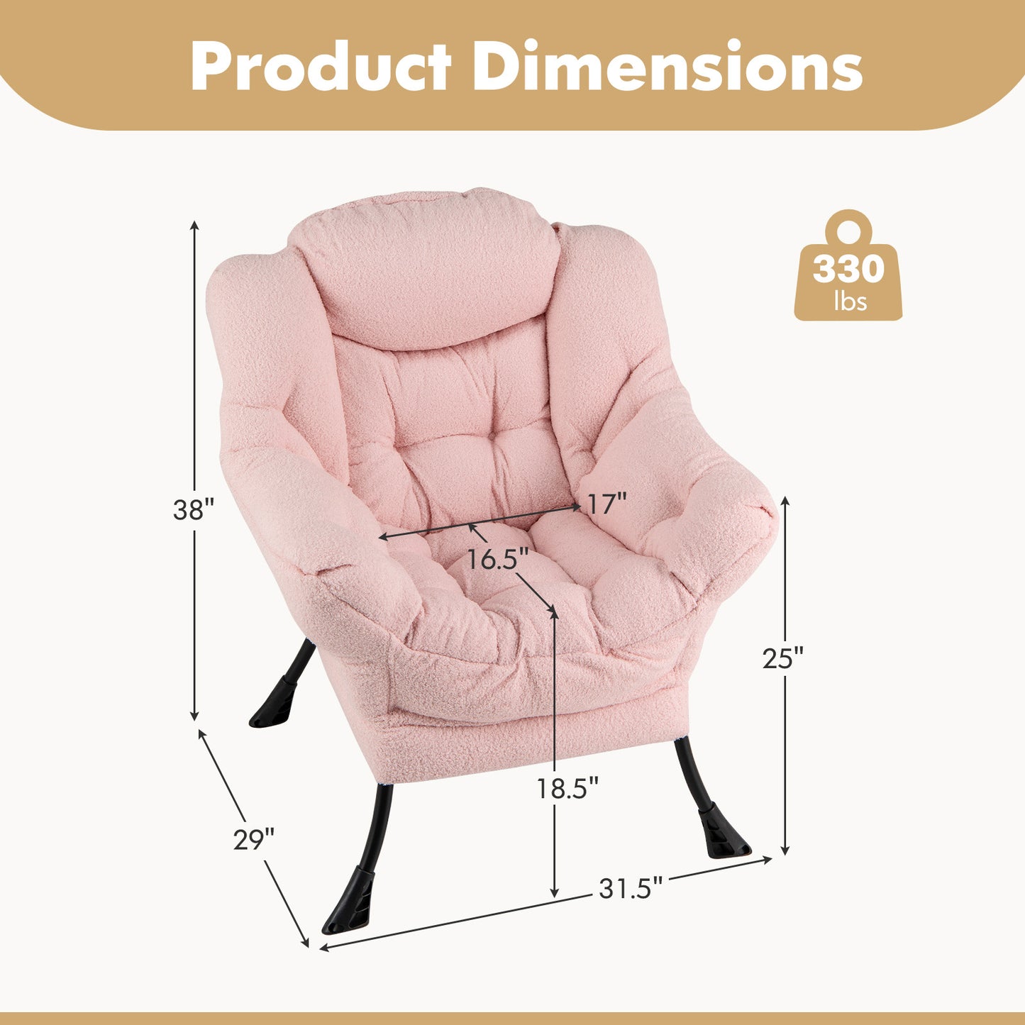 Fauteuil d'appoint rembourré Sherpa, Coussin de tête confortable, Rose