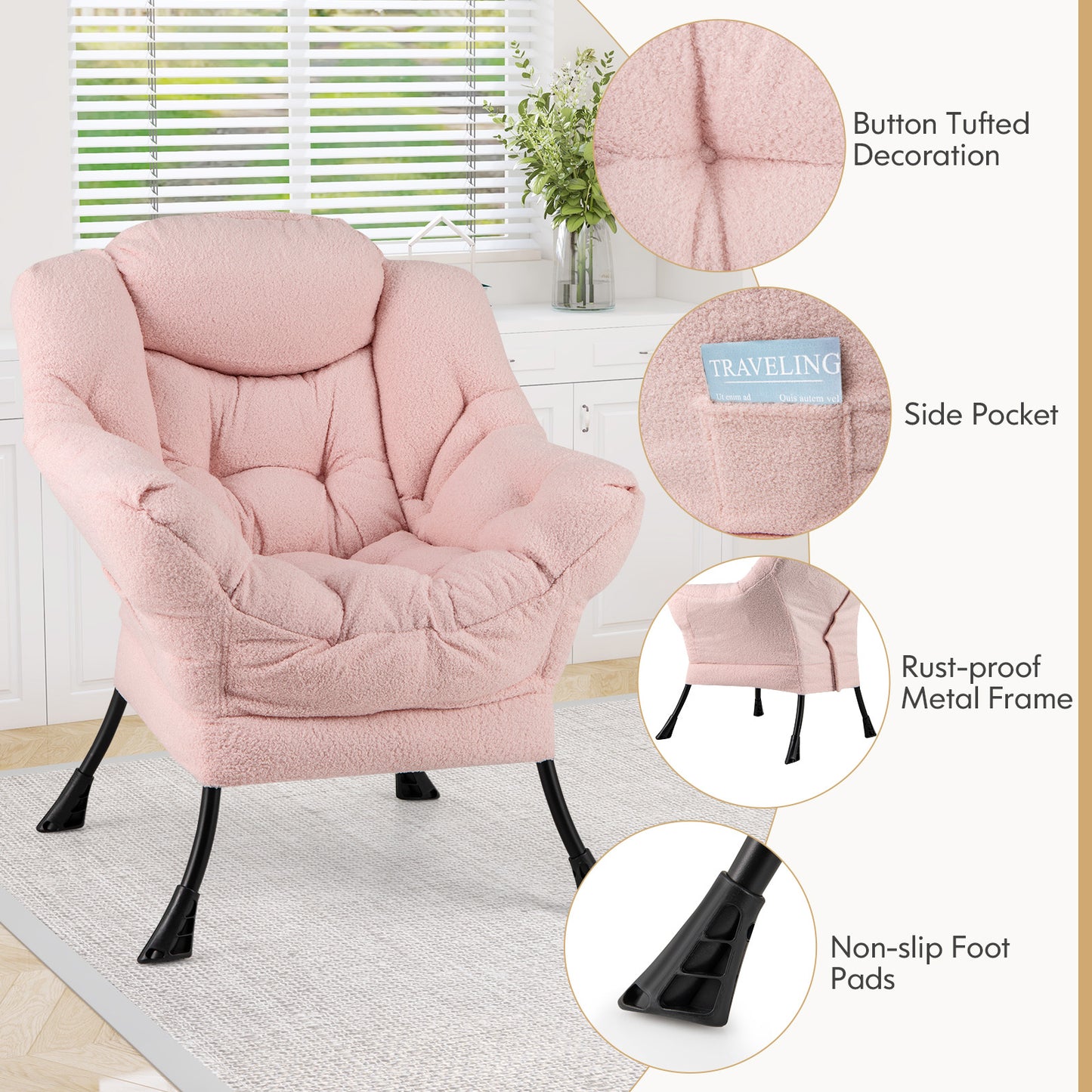 Fauteuil d'appoint rembourré Sherpa, Coussin de tête confortable, Rose