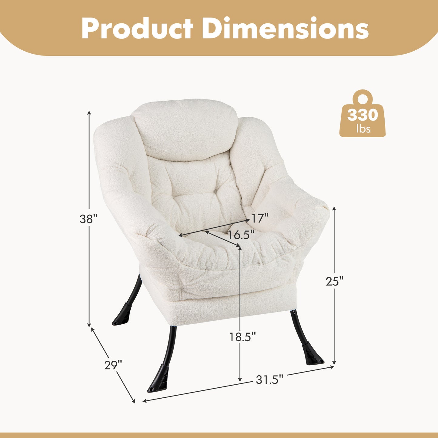 Fauteuil d'appoint rembourré Sherpa avec oreiller de tête confortable, beige