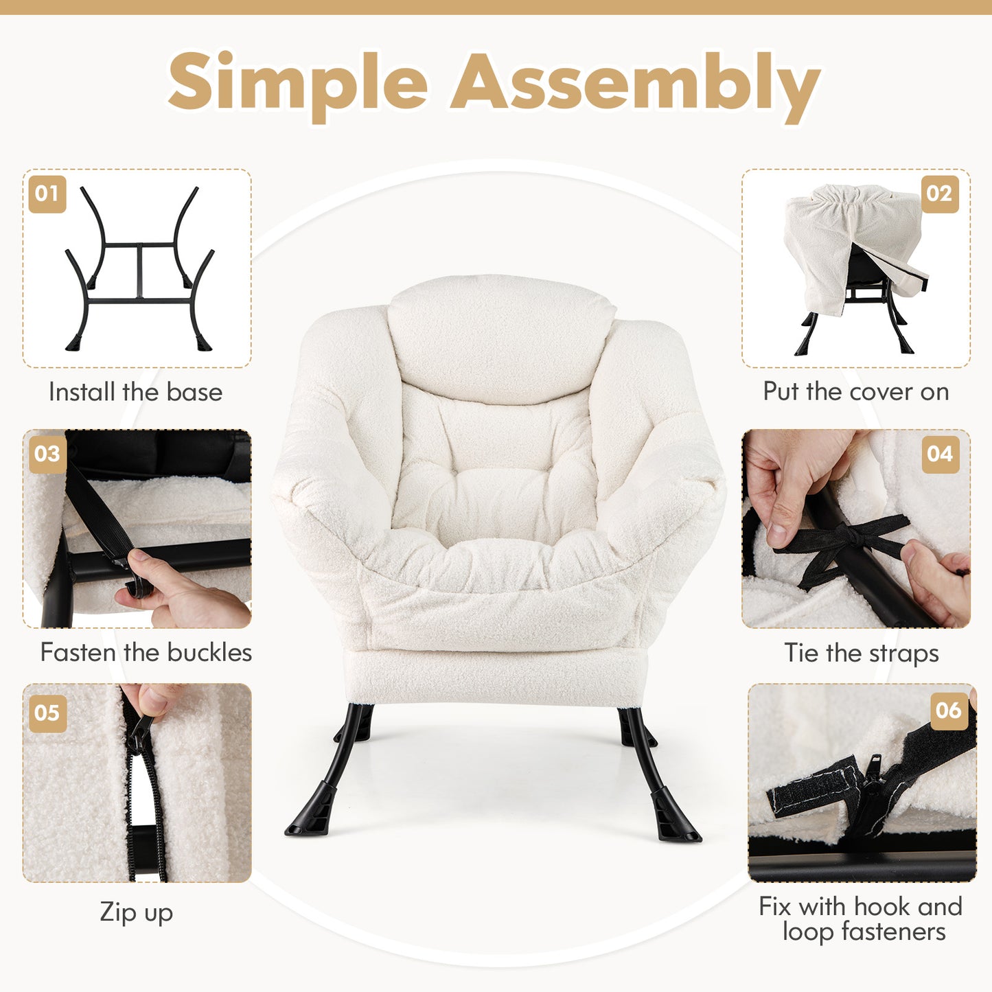 Fauteuil d'appoint rembourré Sherpa avec oreiller de tête confortable, beige