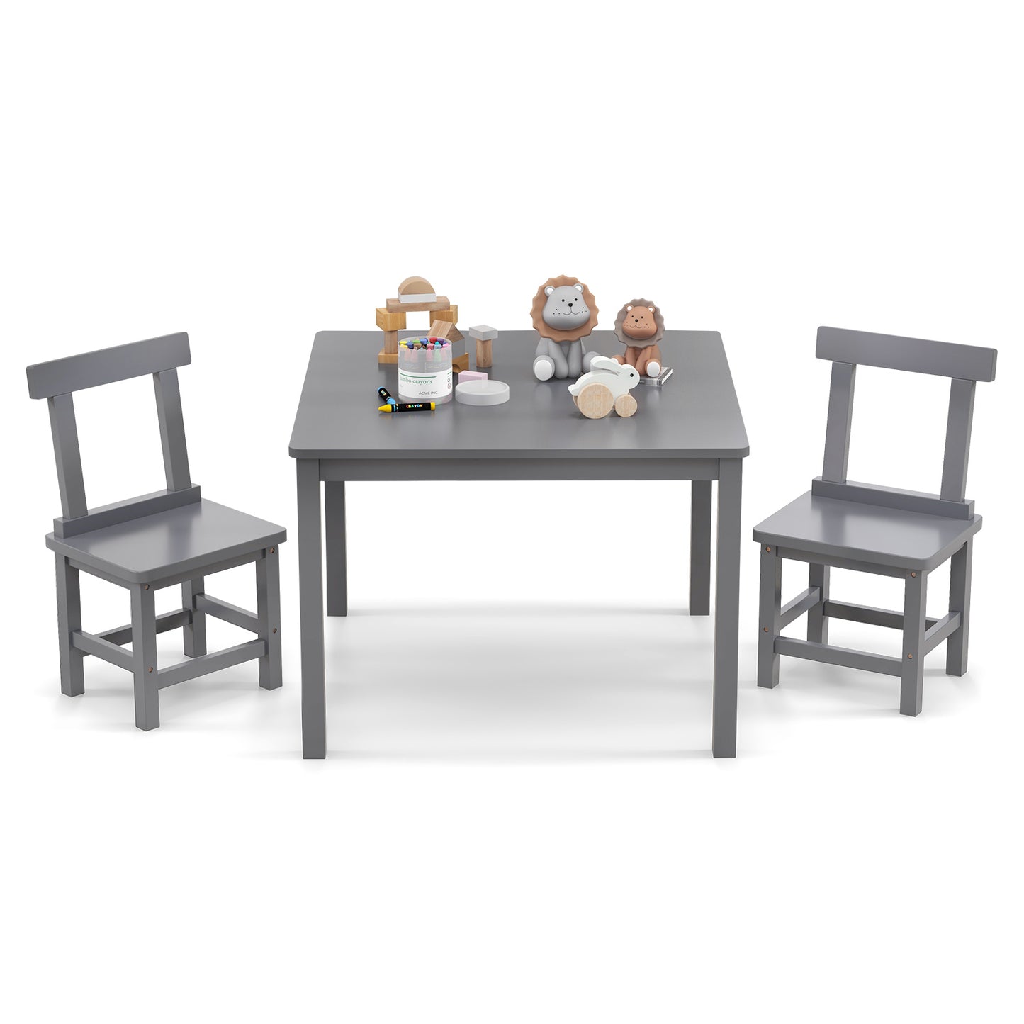 Kids Table And 2 Chairs Set, Wooden, Anti-Slip Foot Pads, Gray