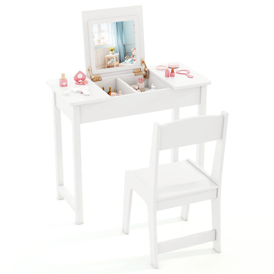 Kids Vanity Makeup Table And Chair Set, With Flip Top Mirror, White