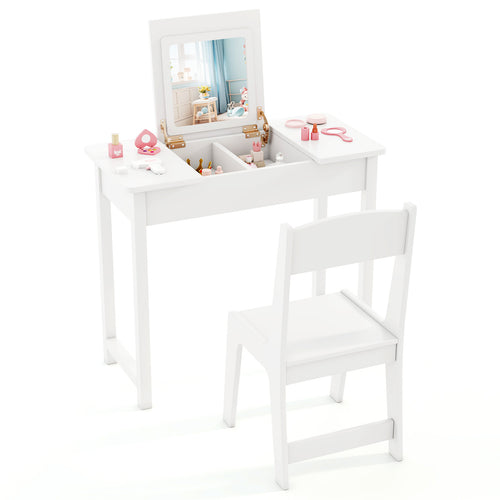 2-in-1 Kids Vanity Makeup Table and Chair Set with Flip Top Mirror, White