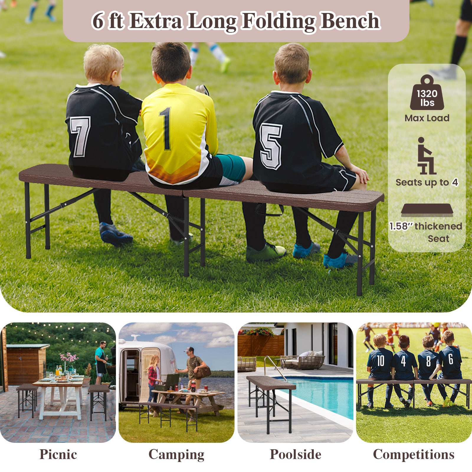 6 Feet Folding HDPE Bench with 1320 LBS Capacity and Handle Lock, Brown Outdoor Benches at Gallery Canada