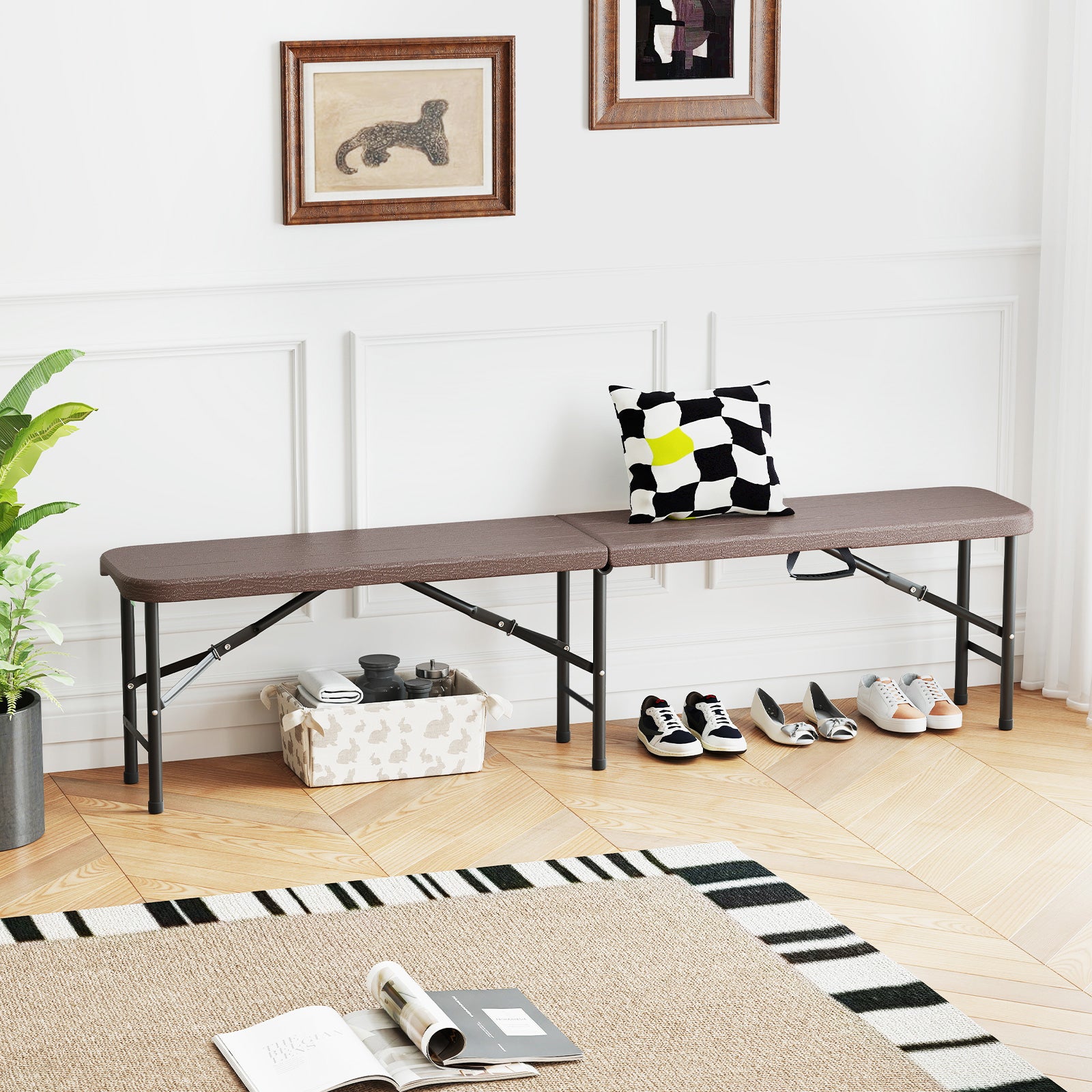 6 Feet Folding HDPE Bench with 1320 LBS Capacity and Handle Lock, Brown Outdoor Benches at Gallery Canada