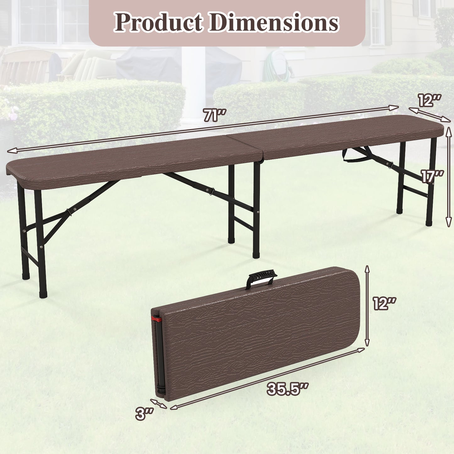 6 Feet Folding HDPE Bench with 1320 LBS Capacity and Handle Lock, Brown Outdoor Benches at Gallery Canada