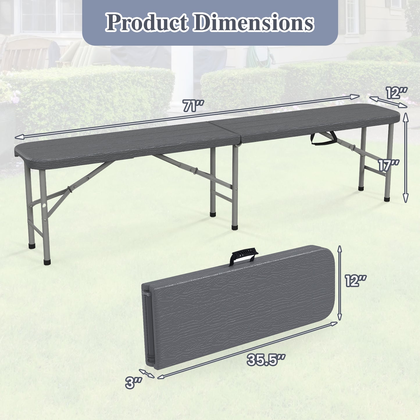6 Feet Folding HDPE Bench with 1320 LBS Capacity and Handle Lock, Gray Outdoor Benches at Gallery Canada