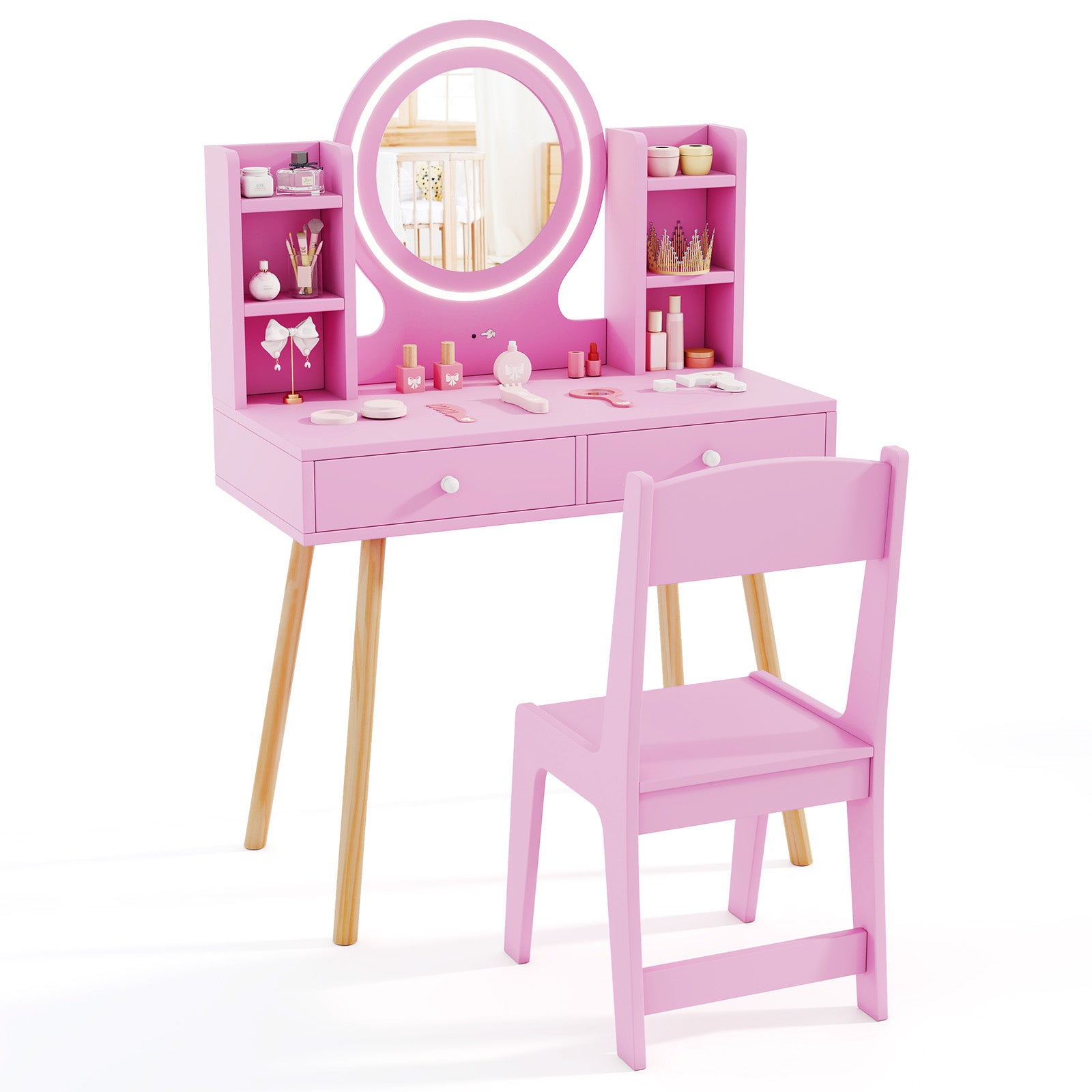Kids Vanity Set with Lighted Mirror and Storage Drawers, Pink Kids Vanities at Gallery Canada