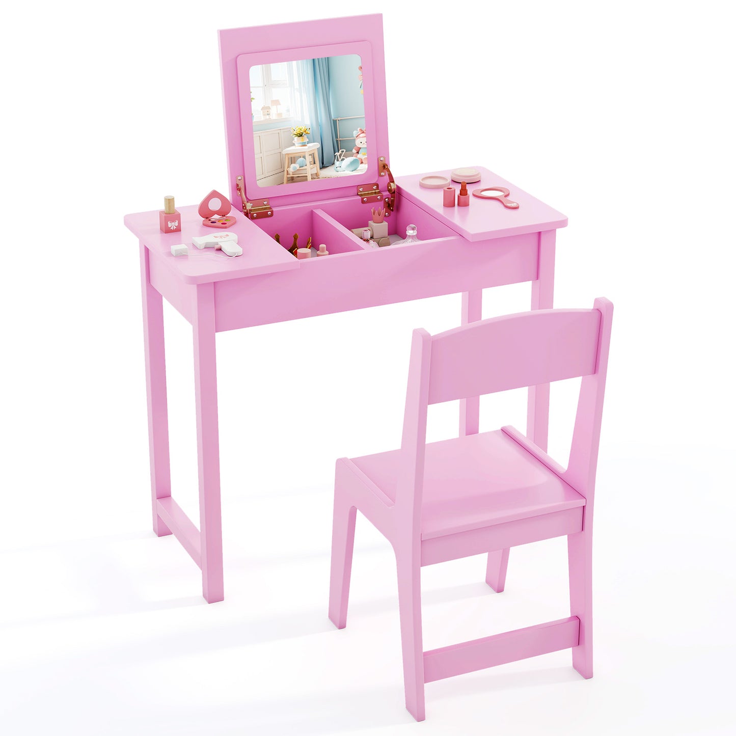 2-in-1 Kids Vanity Makeup Table and Chair Set with Flip Top Mirror, Pink Play Kitchen Sets Pink at Gallery Canada