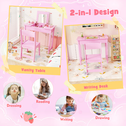 2-in-1 Kids Vanity Makeup Table and Chair Set with Flip Top Mirror, Pink Play Kitchen Sets at Gallery Canada