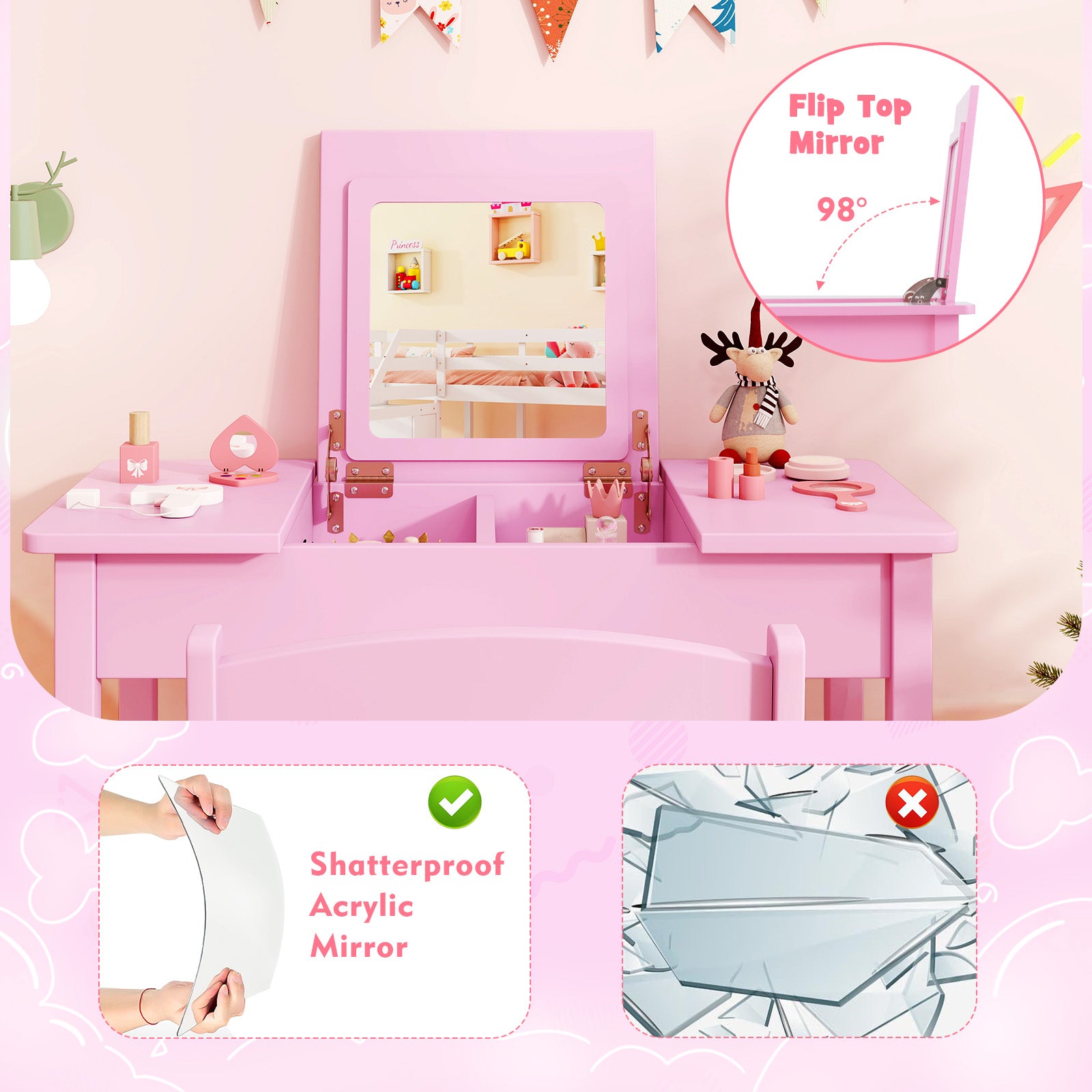 2-in-1 Kids Vanity Makeup Table and Chair Set with Flip Top Mirror, Pink Play Kitchen Sets at Gallery Canada