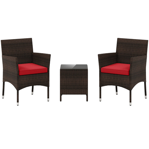 3 Piece Outdoor Conversation Set, Cushioned Seat, Glass Tabletop, Red