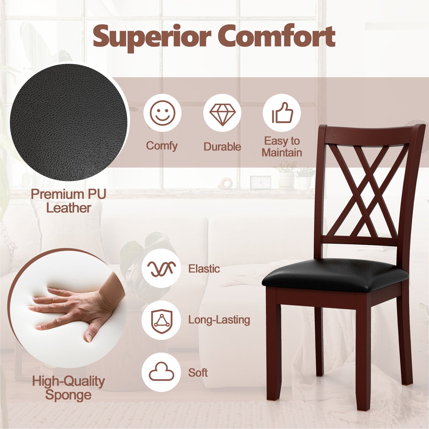 Set Of 2 Dining Chairs, With Backrest And Padded Seat, Brown Dining Chairs at Gallery Canada