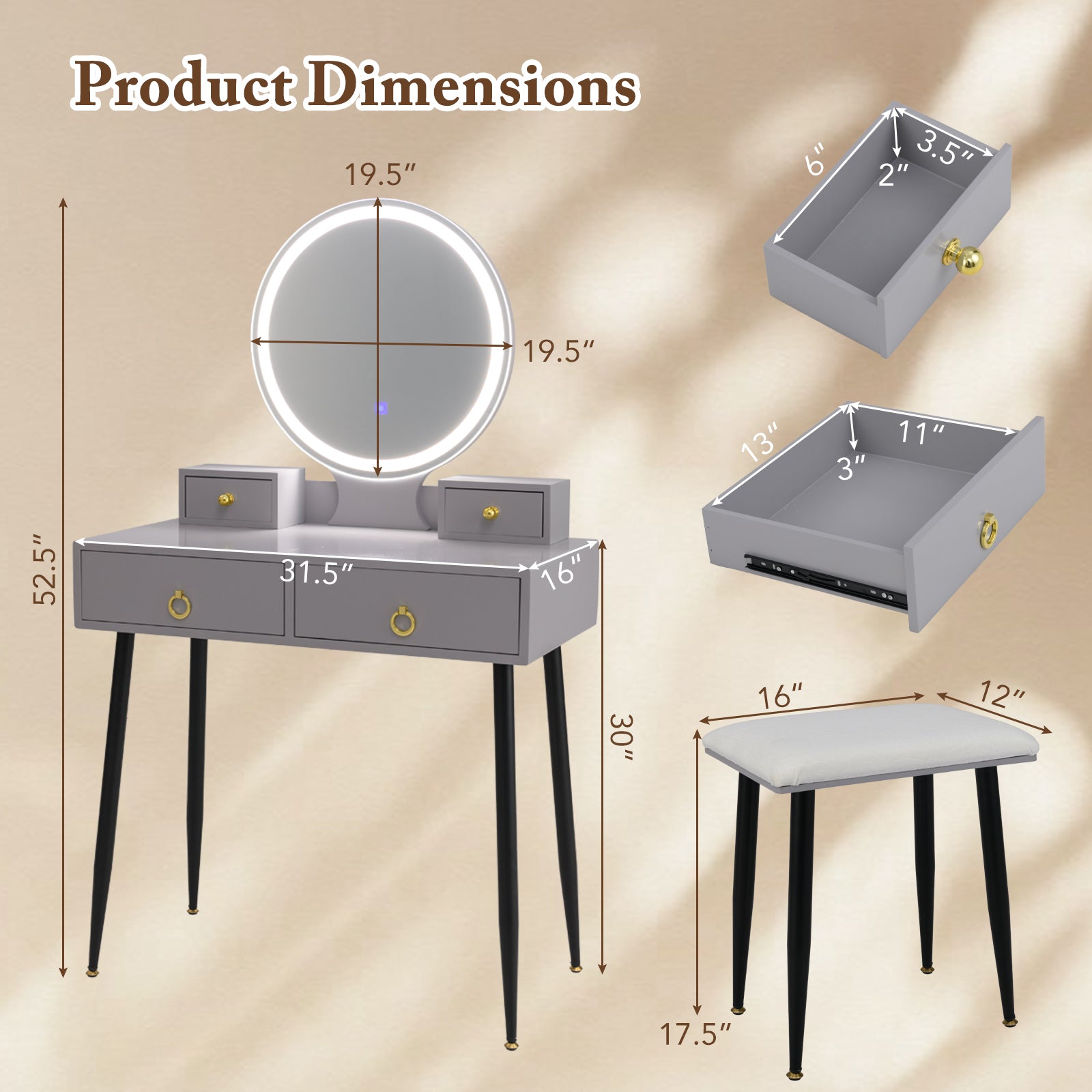 Vanity Table Set with Mirror, Gray Makeup Vanities at Gallery Canada