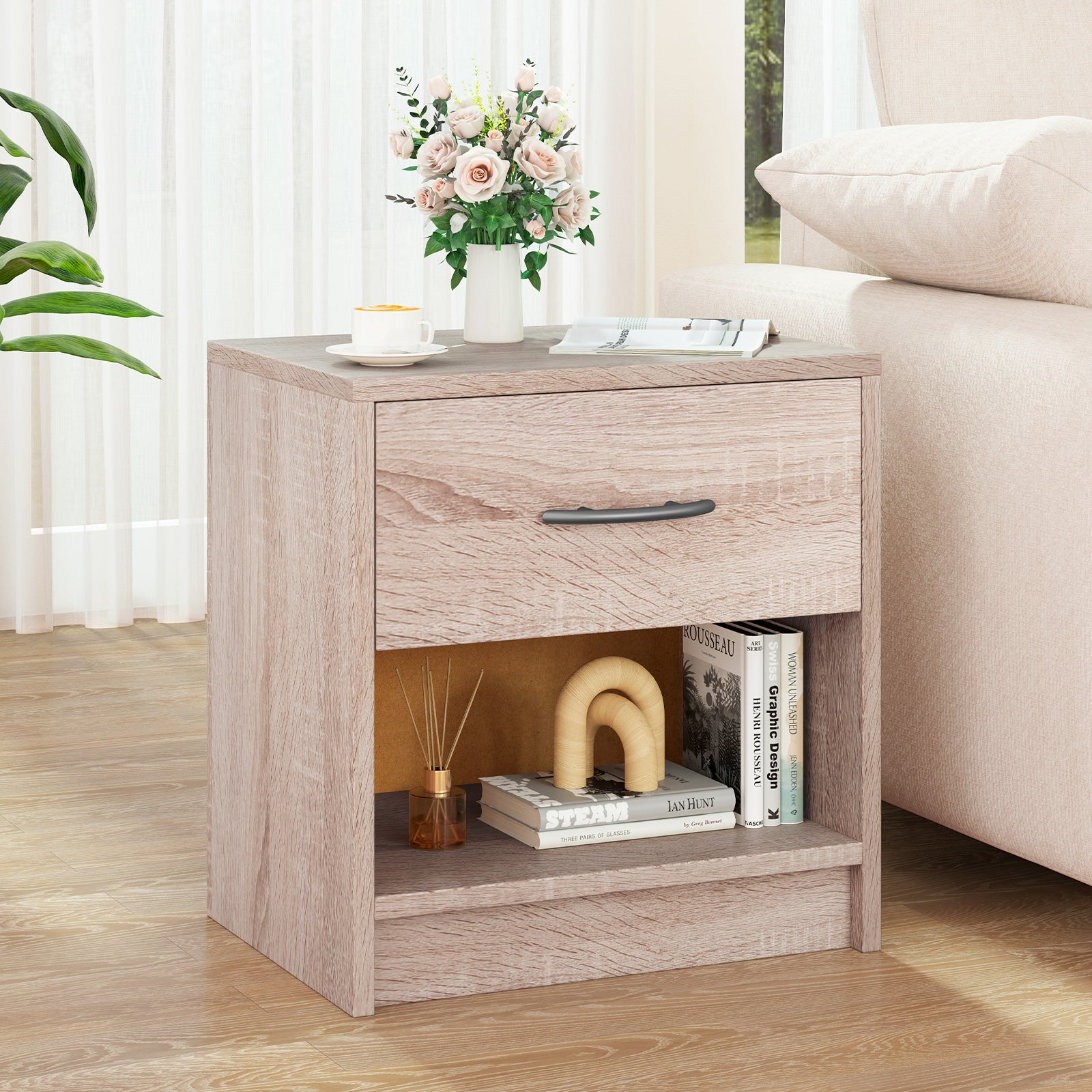 Bedside Table Nightstand with Drawer and Open Storage Shelf, Natural Nightstands at Gallery Canada