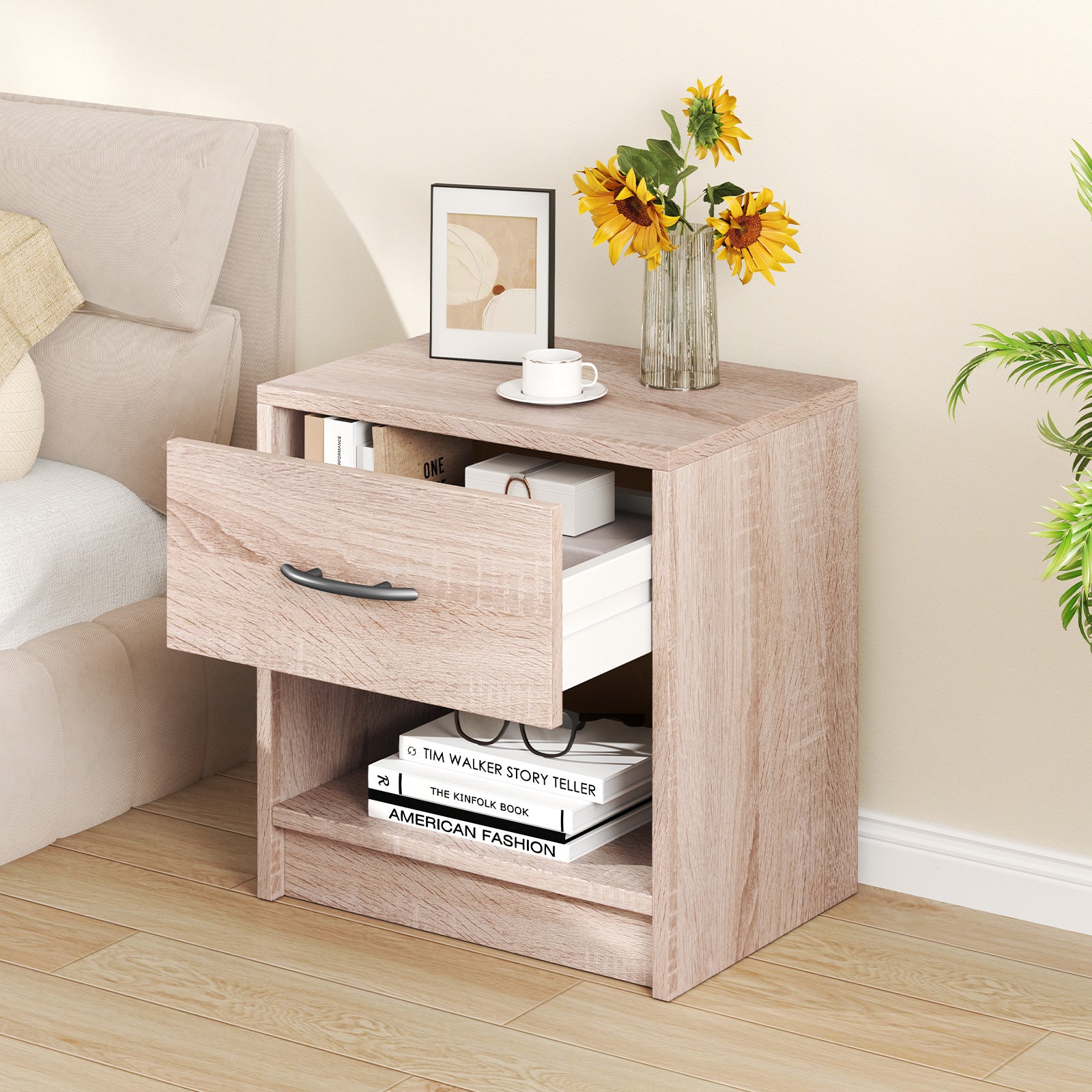 Bedside Table Nightstand with Drawer and Open Storage Shelf, Natural Nightstands at Gallery Canada