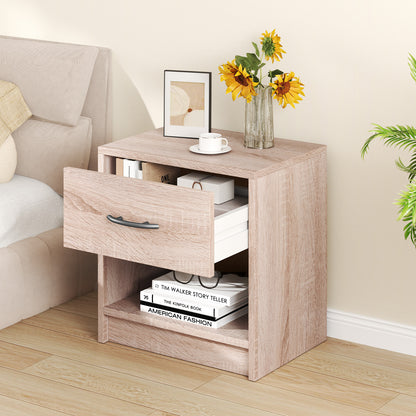 Bedside Table Nightstand with Drawer and Open Storage Shelf, Natural Nightstands at Gallery Canada