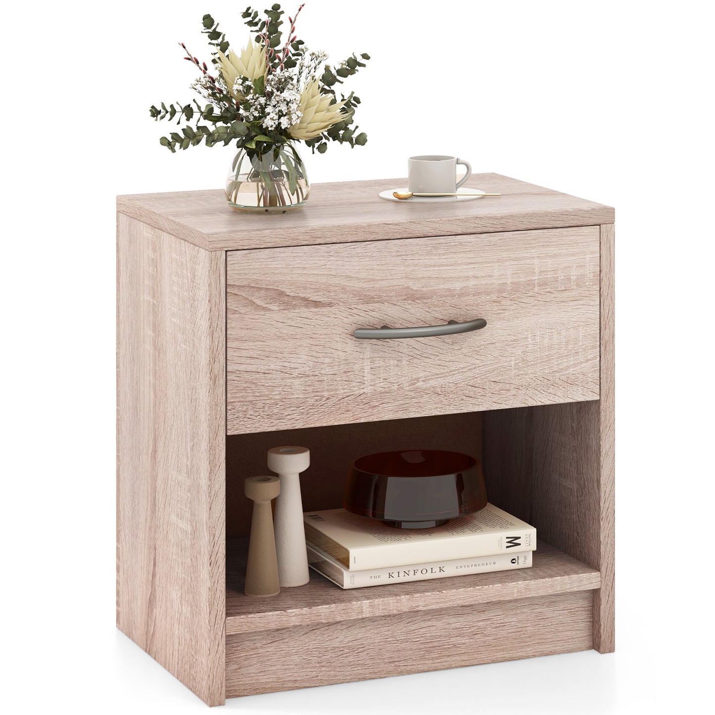 Bedside Table Nightstand with Drawer and Open Storage Shelf, Natural Nightstands at Gallery Canada