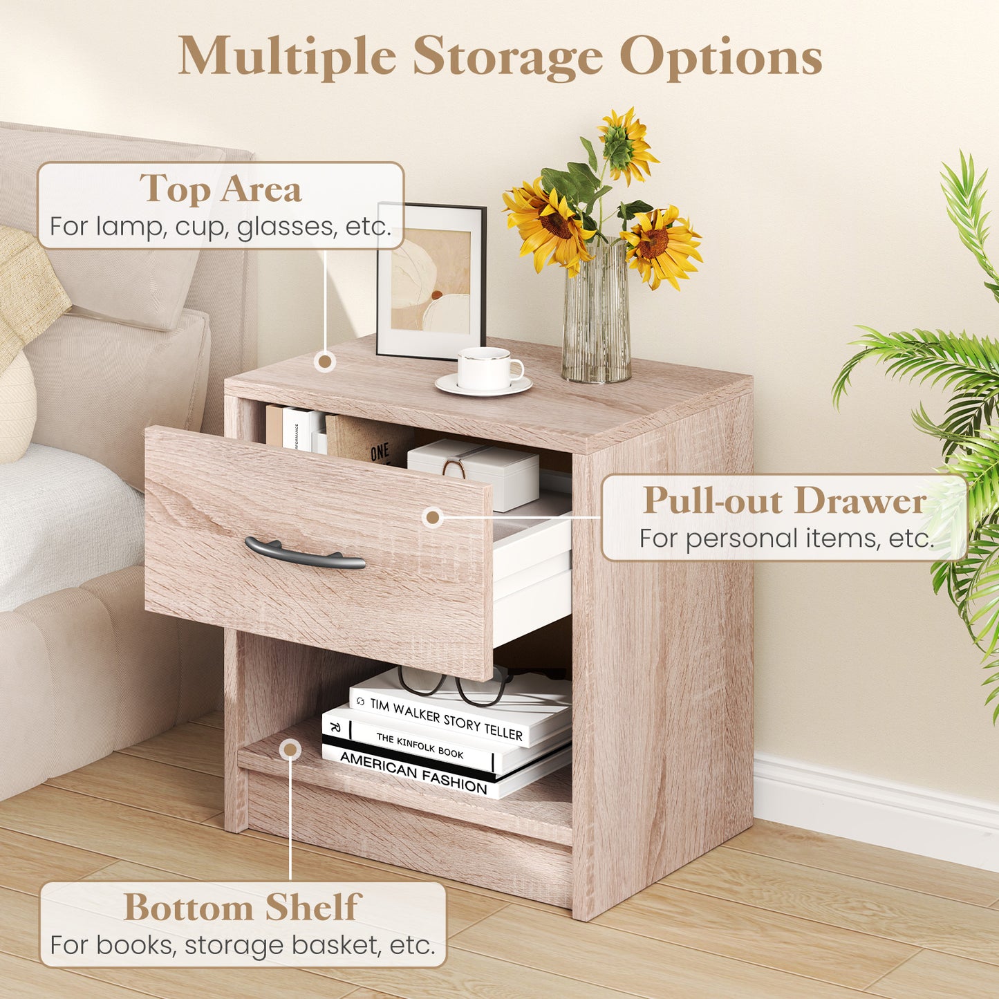 Bedside Table Nightstand with Drawer and Open Storage Shelf, Natural Nightstands at Gallery Canada