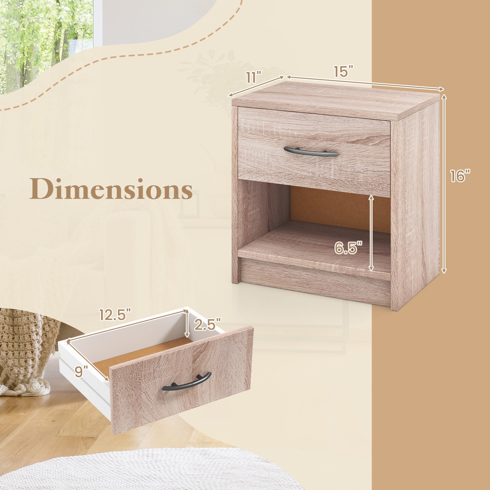 Bedside Table Nightstand with Drawer and Open Storage Shelf, Natural Nightstands at Gallery Canada