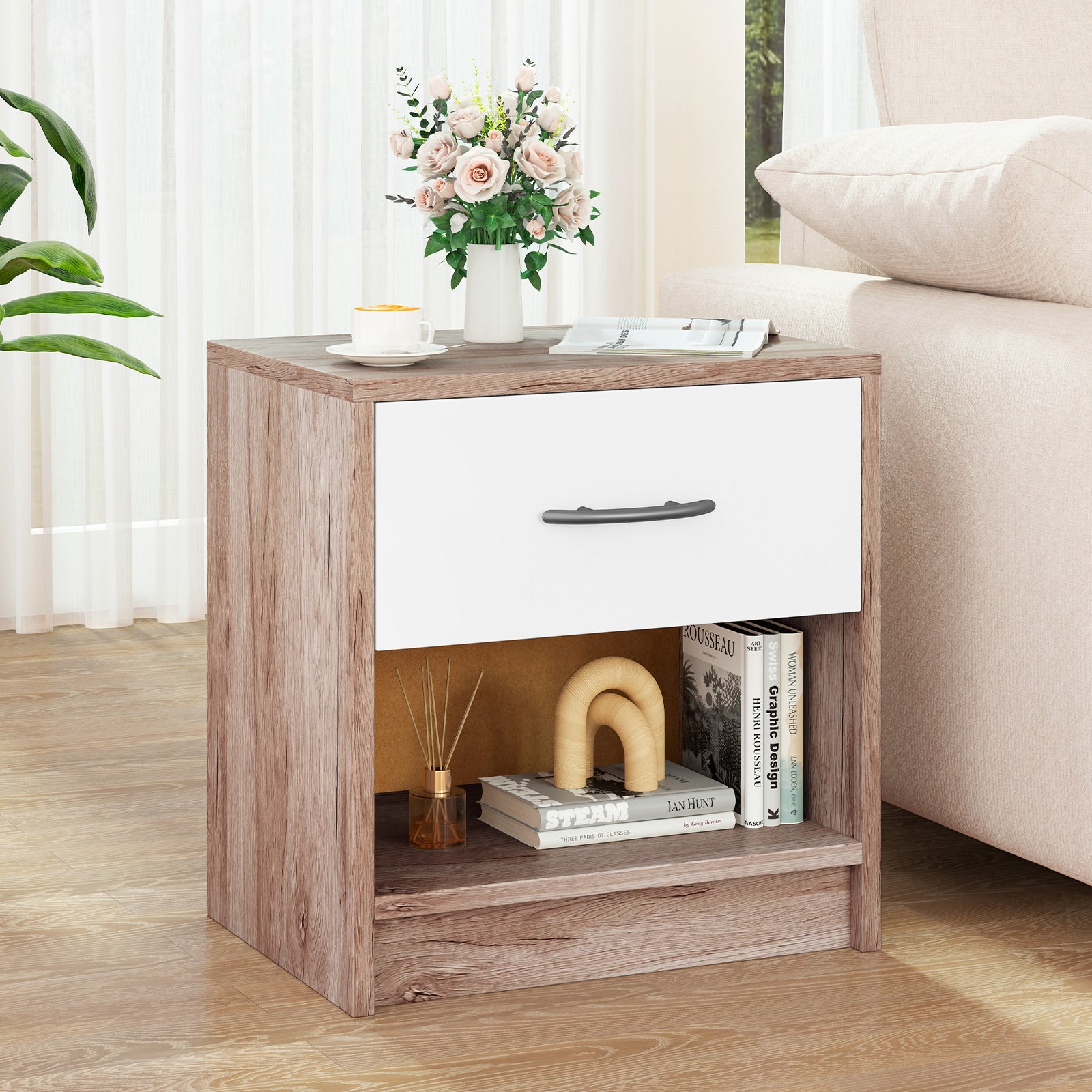 Bedside Table Nightstand with Drawer and Open Storage Shelf, Oak Nightstands at Gallery Canada