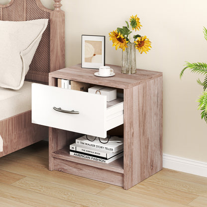 Bedside Table Nightstand with Drawer and Open Storage Shelf, Oak Nightstands at Gallery Canada