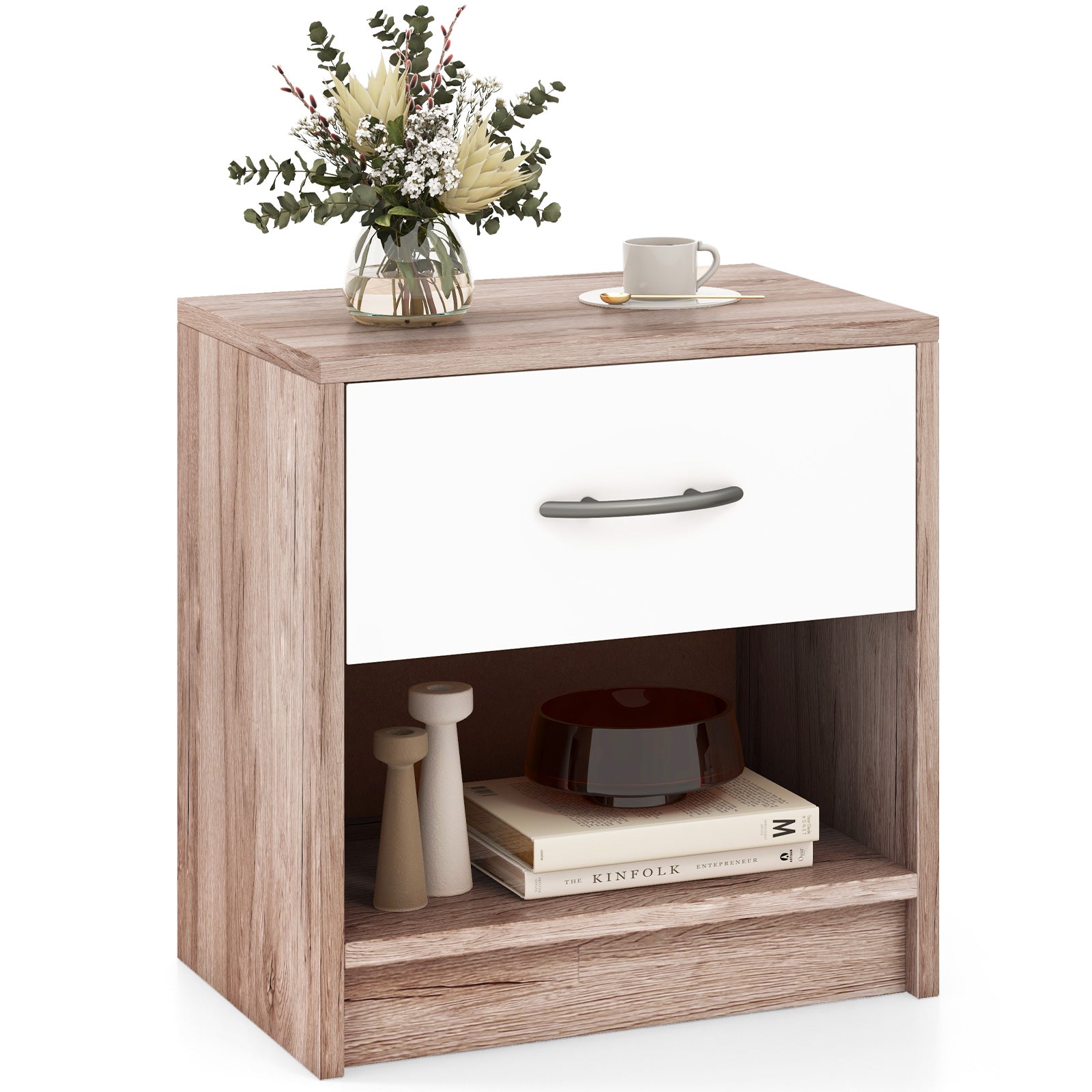 Bedside Table Nightstand with Drawer and Open Storage Shelf, Oak Nightstands at Gallery Canada