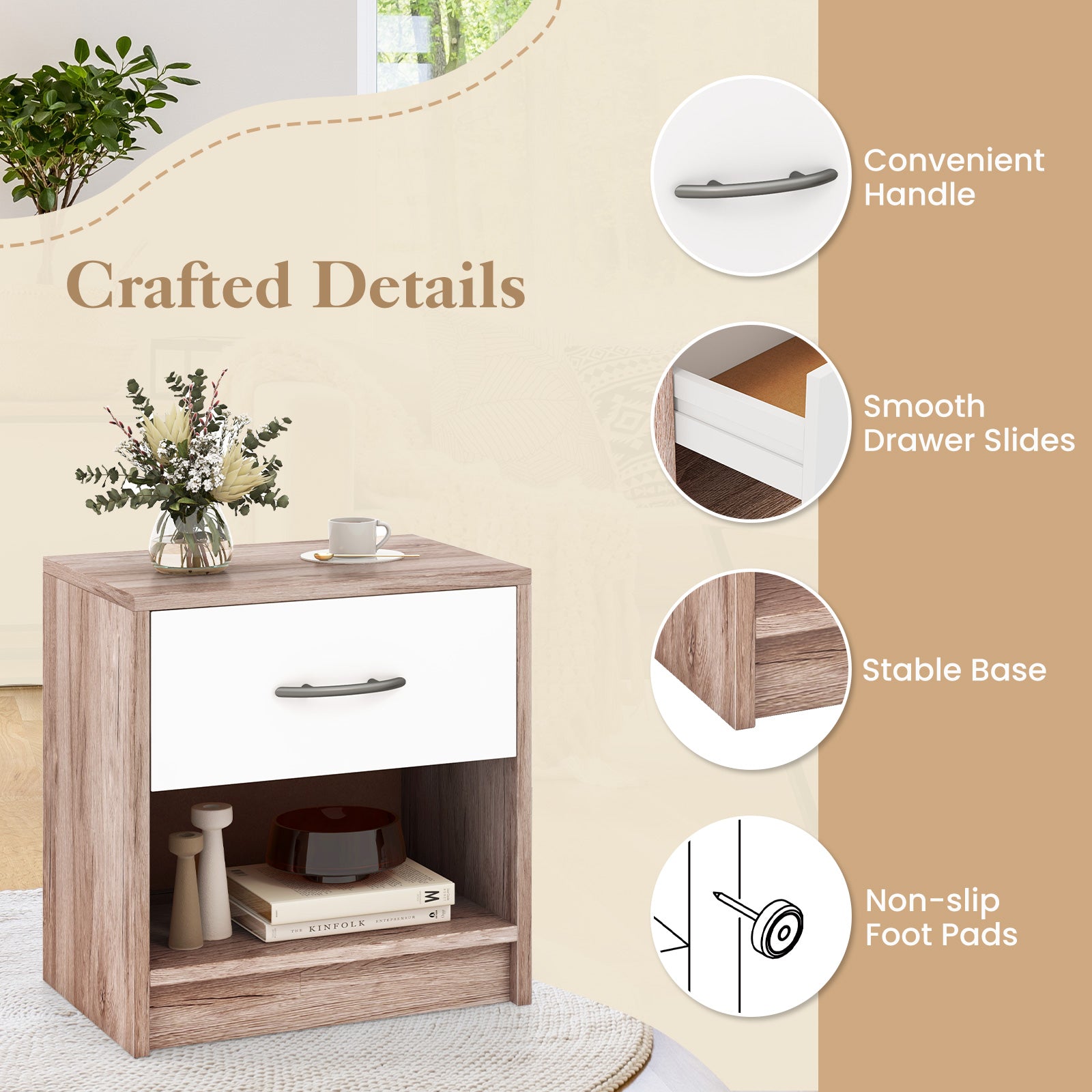 Bedside Table Nightstand with Drawer and Open Storage Shelf, Oak Nightstands at Gallery Canada
