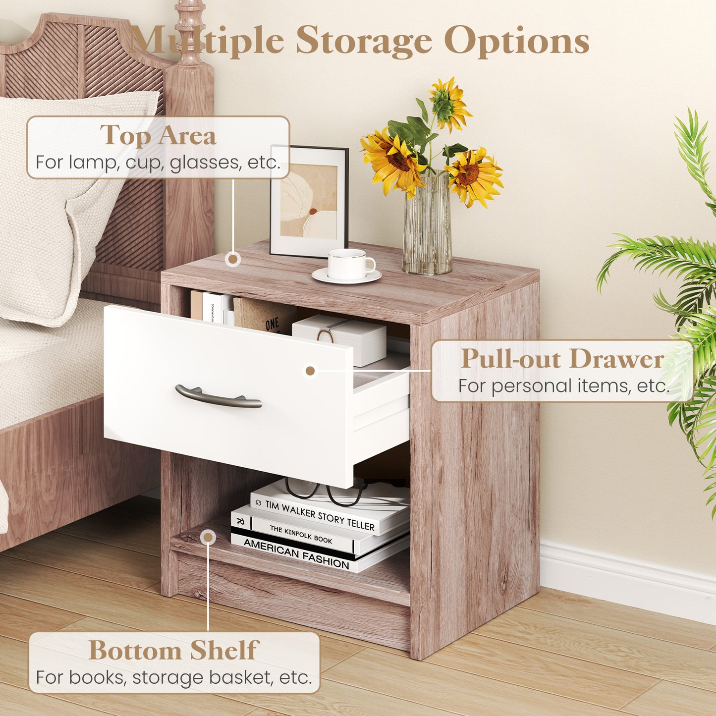 Bedside Table Nightstand with Drawer and Open Storage Shelf, Oak Nightstands at Gallery Canada