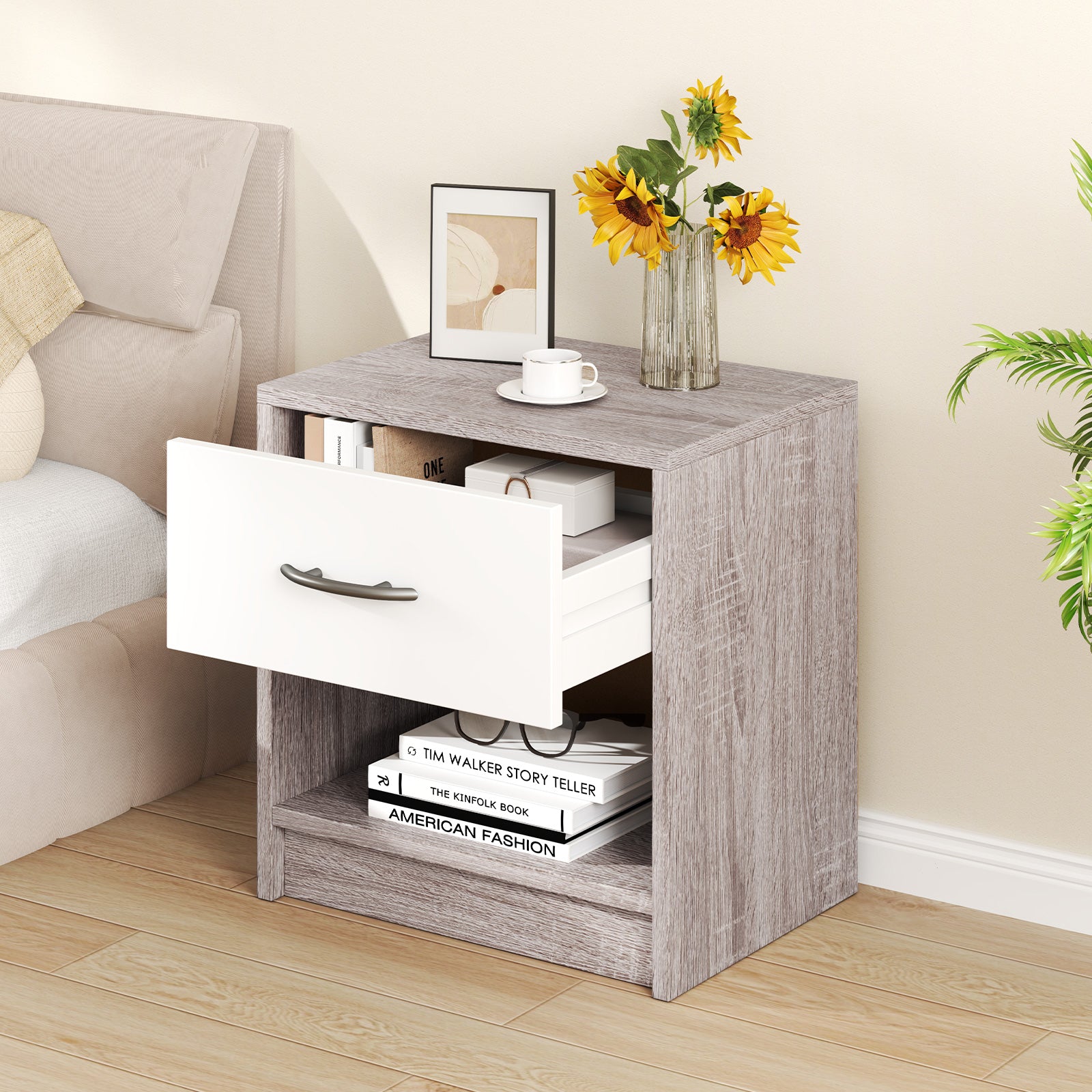 Bedside Table Nightstand with Drawer and Open Storage Shelf, Light Gray Nightstands at Gallery Canada