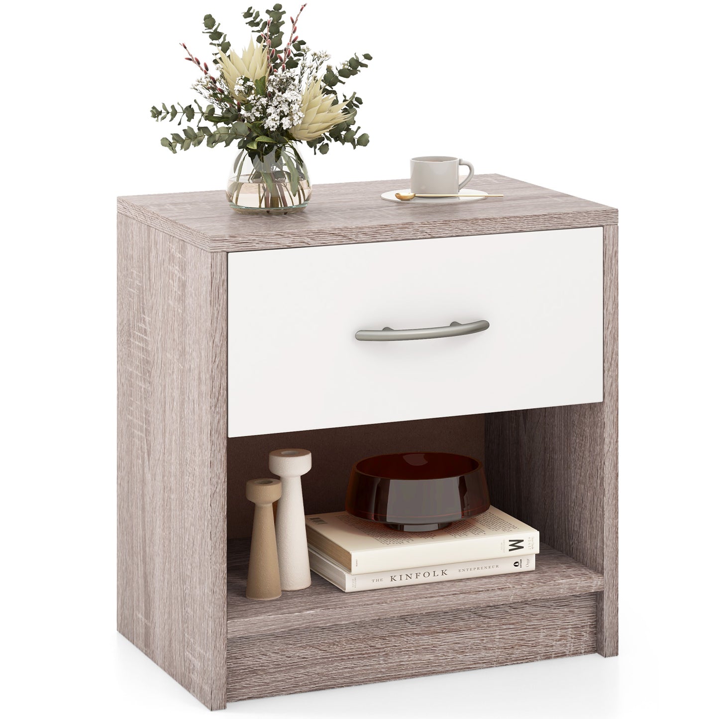 Bedside Table Nightstand with Drawer and Open Storage Shelf, Light Gray Nightstands at Gallery Canada
